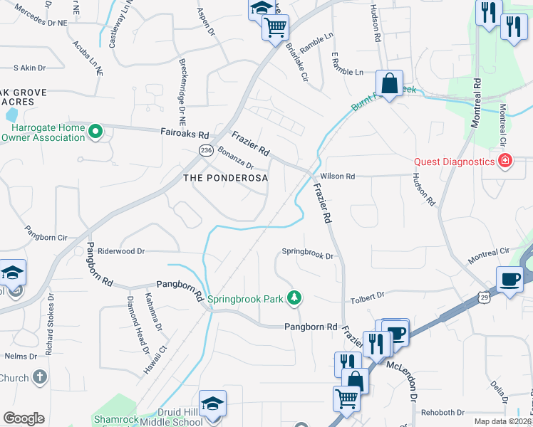 map of restaurants, bars, coffee shops, grocery stores, and more near 2911 Ponderosa Circle in Decatur
