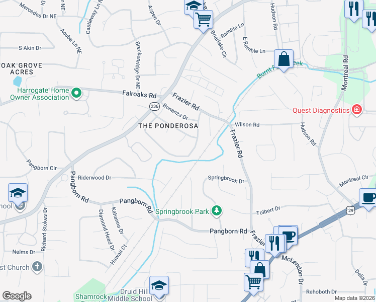 map of restaurants, bars, coffee shops, grocery stores, and more near 2916 Ponderosa Circle in Decatur