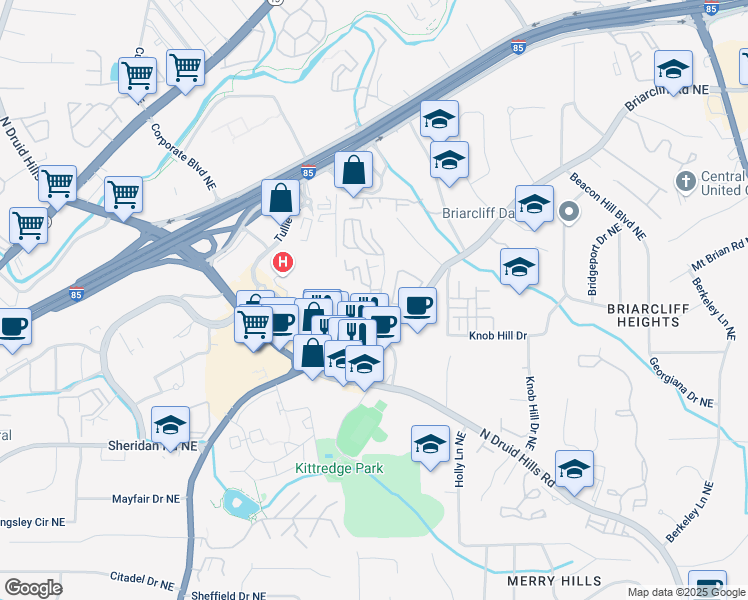 map of restaurants, bars, coffee shops, grocery stores, and more near 1622 Executive Park Lane Northeast in Atlanta