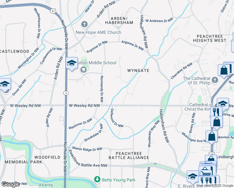 map of restaurants, bars, coffee shops, grocery stores, and more near 393 West Wesley Road Northwest in Atlanta