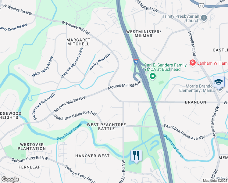 map of restaurants, bars, coffee shops, grocery stores, and more near 1299 West Wesley Road Northwest in Atlanta