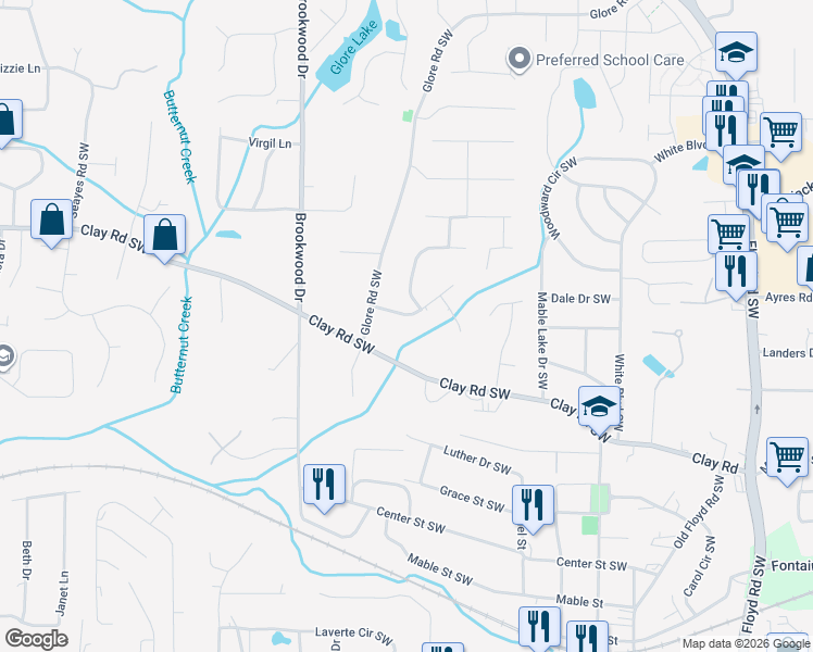 map of restaurants, bars, coffee shops, grocery stores, and more near 1201 Lafayette Drive Southwest in Mableton