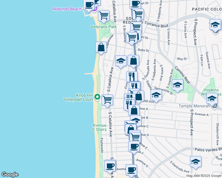 map of restaurants, bars, coffee shops, grocery stores, and more near 720 South Catalina Avenue in Redondo Beach