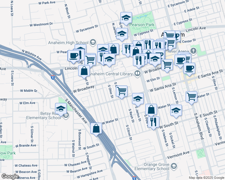 map of restaurants, bars, coffee shops, grocery stores, and more near 326 South Ohio Street in Anaheim