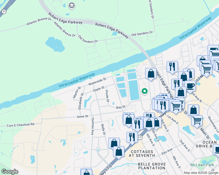 map of restaurants, bars, coffee shops, grocery stores, and more near 1352 Poole Street in North Myrtle Beach