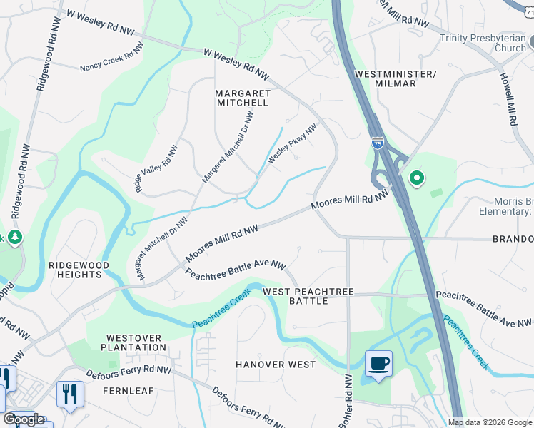 map of restaurants, bars, coffee shops, grocery stores, and more near 1410 Moores Mill Road Northwest in Atlanta