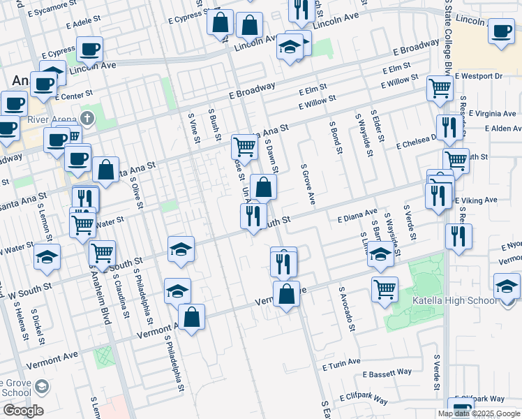 map of restaurants, bars, coffee shops, grocery stores, and more near 669 South Kinney Way in Anaheim