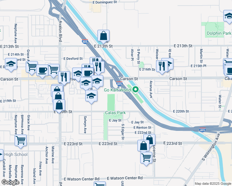 map of restaurants, bars, coffee shops, grocery stores, and more near 21801 Foley Avenue in Carson