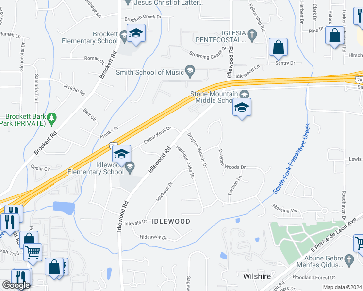 map of restaurants, bars, coffee shops, grocery stores, and more near 1649 Harbour Oaks Road in Tucker