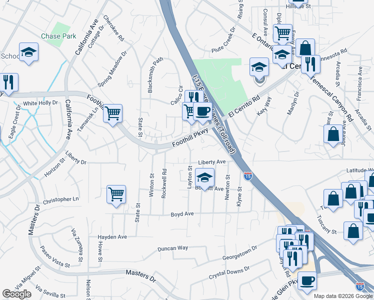 map of restaurants, bars, coffee shops, grocery stores, and more near 19995 Layton Street in Corona