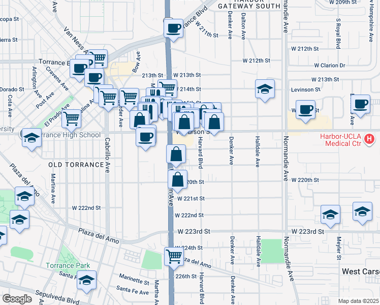 map of restaurants, bars, coffee shops, grocery stores, and more near 1616 West 218th Street in Torrance