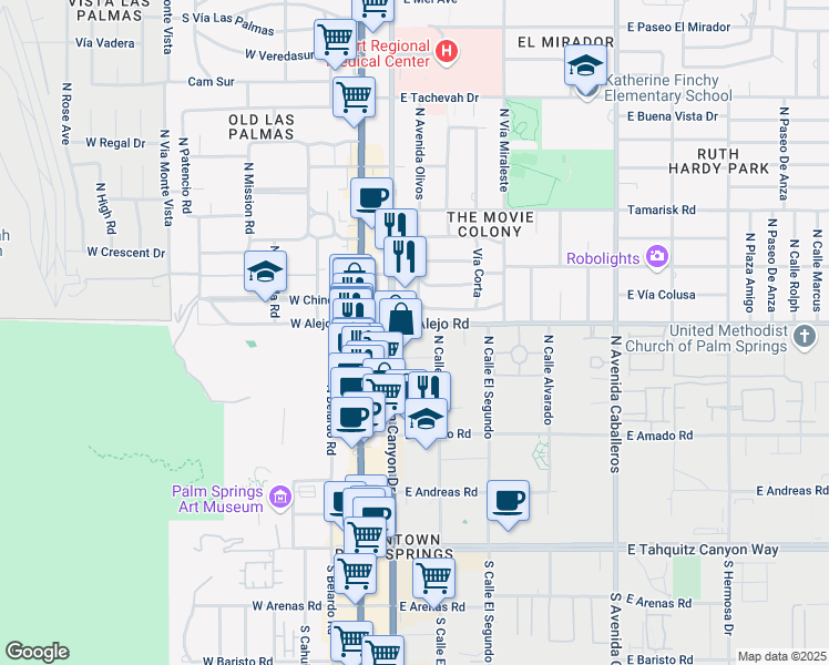 map of restaurants, bars, coffee shops, grocery stores, and more near 755 North Cll Encilia in Palm Springs