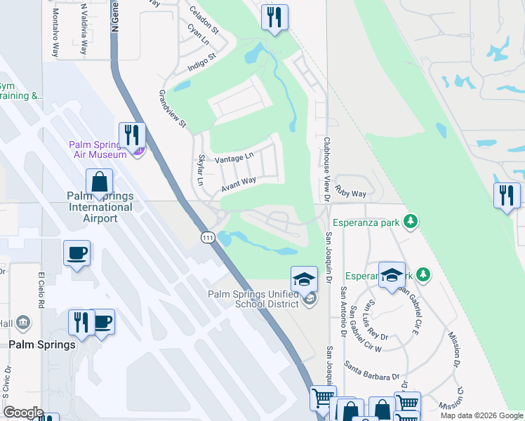 map of restaurants, bars, coffee shops, grocery stores, and more near 4467 Alcala Way in Palm Springs