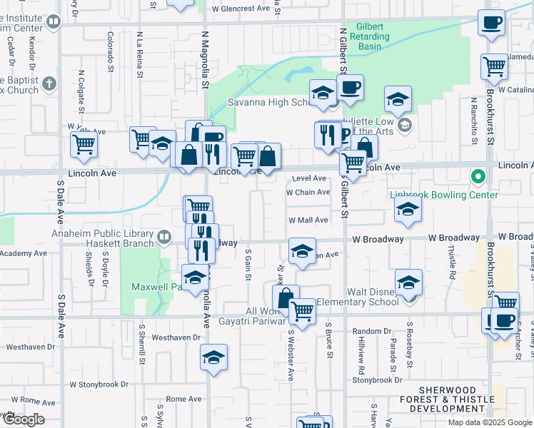 map of restaurants, bars, coffee shops, grocery stores, and more near 2513 West Mall Place in Anaheim
