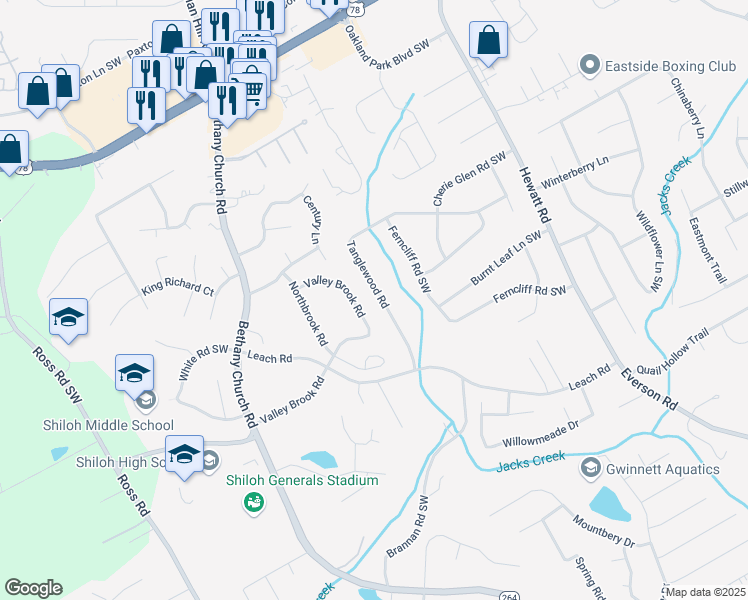 map of restaurants, bars, coffee shops, grocery stores, and more near 4063 Tanglewood Road in Snellville