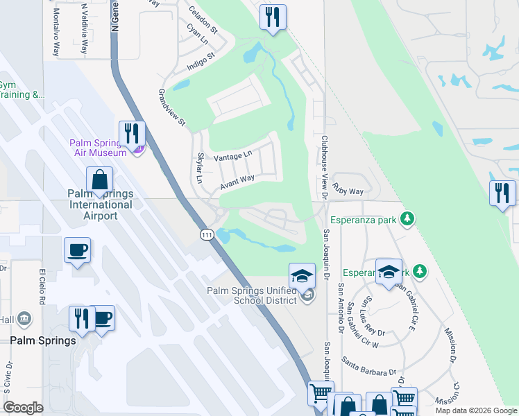 map of restaurants, bars, coffee shops, grocery stores, and more near 4467 Alcala Way in Palm Springs