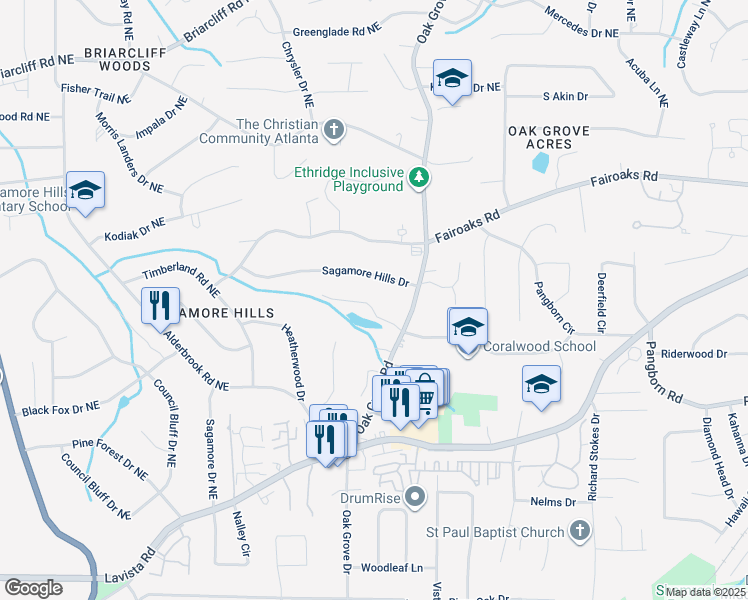 map of restaurants, bars, coffee shops, grocery stores, and more near 2376 Massey Lane in Decatur
