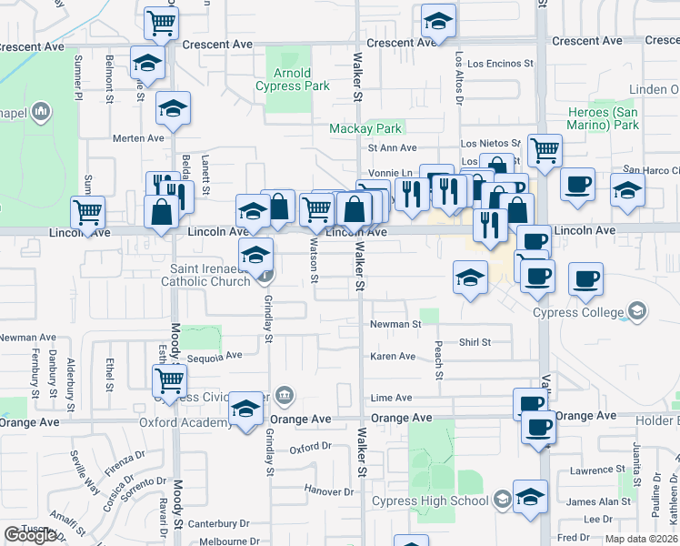 map of restaurants, bars, coffee shops, grocery stores, and more near 5421 Camp Street in Cypress