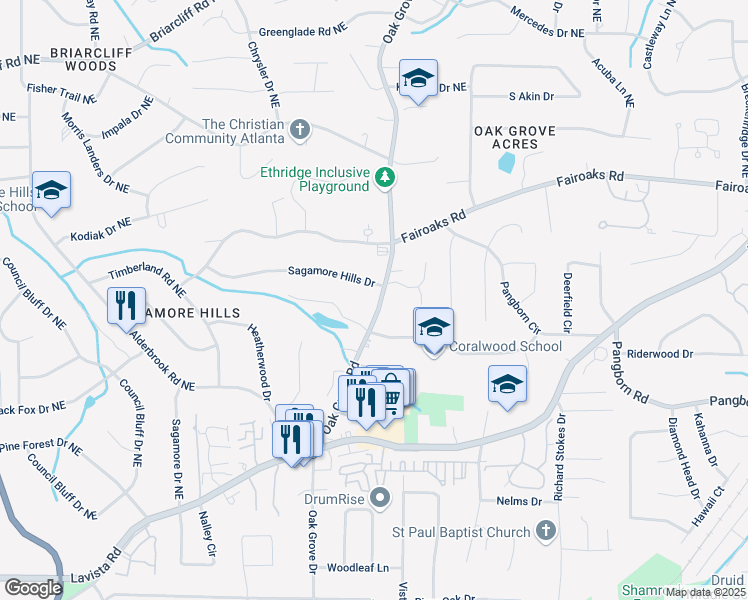 map of restaurants, bars, coffee shops, grocery stores, and more near 1652 Oak Grove Road in Decatur