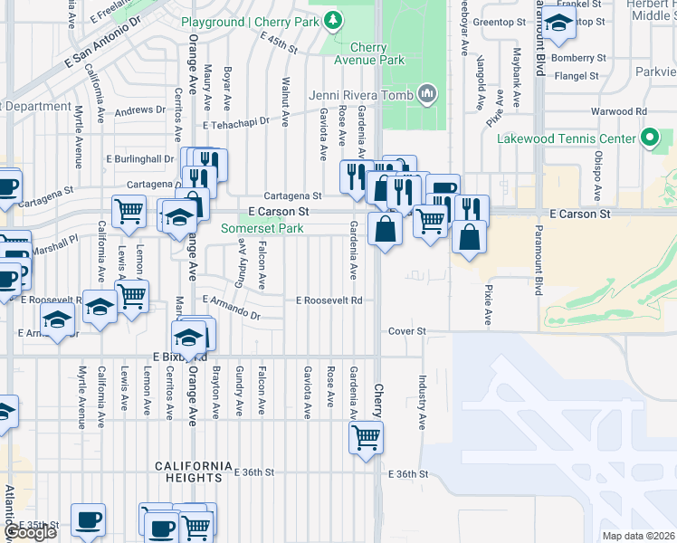 map of restaurants, bars, coffee shops, grocery stores, and more near 3911 Rose Avenue in Long Beach