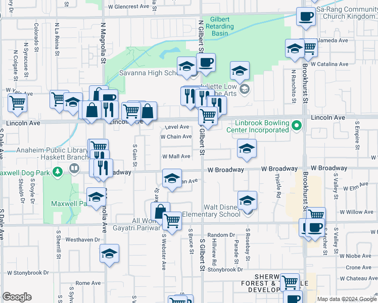 map of restaurants, bars, coffee shops, grocery stores, and more near 207 South Topo Street in Anaheim