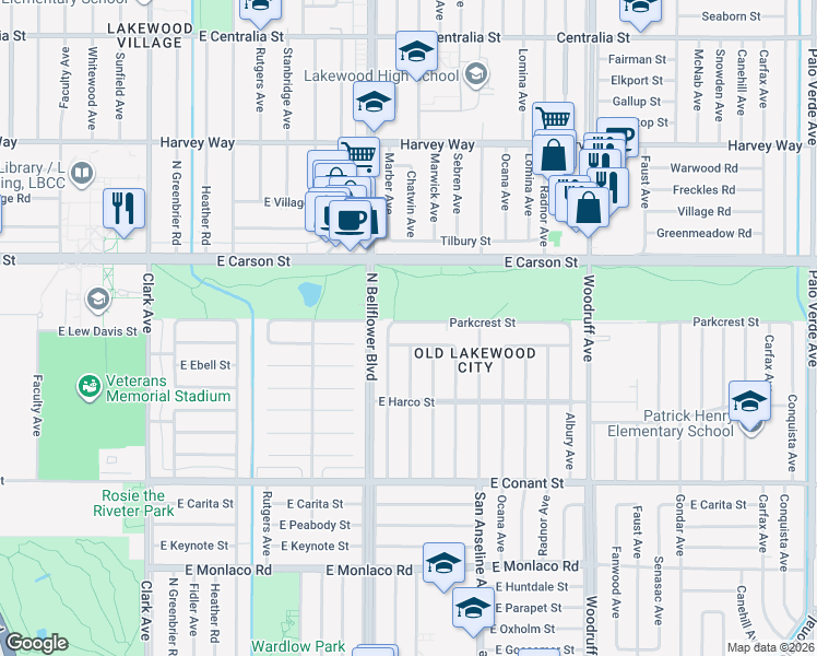 map of restaurants, bars, coffee shops, grocery stores, and more near 5540 Parkcrest Street in Long Beach