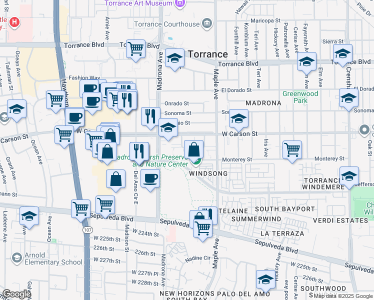map of restaurants, bars, coffee shops, grocery stores, and more near 3210 Merrill Drive in Torrance