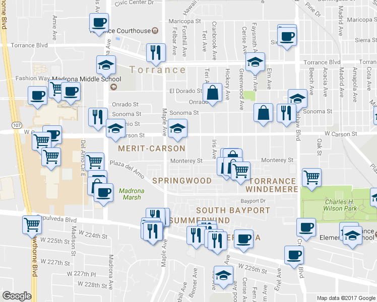 map of restaurants, bars, coffee shops, grocery stores, and more near 1736 South Flower Avenue in Torrance
