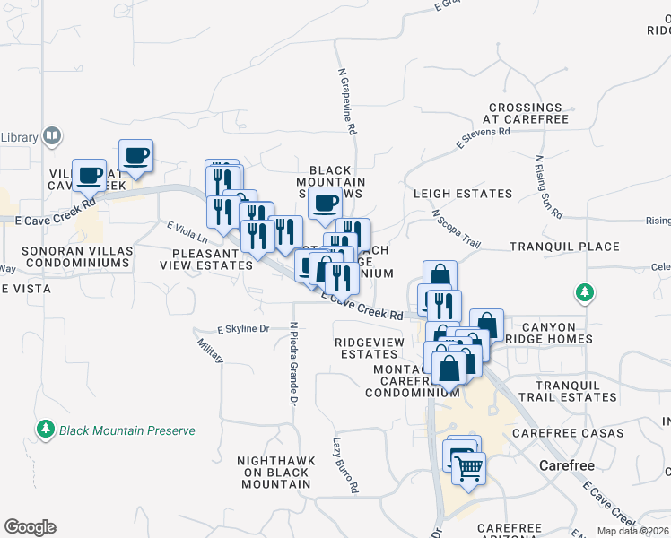 map of restaurants, bars, coffee shops, grocery stores, and more near 7100 East Cave Creek Road in Cave Creek