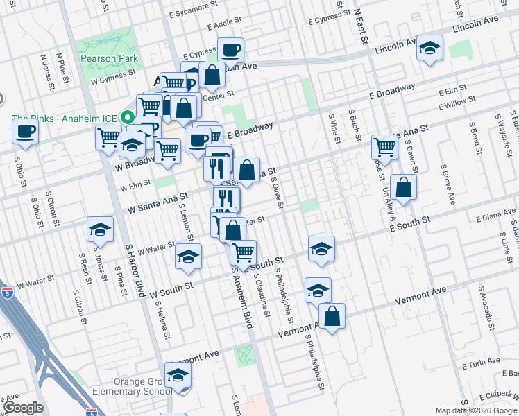 map of restaurants, bars, coffee shops, grocery stores, and more near 601 South Philadelphia Street in Anaheim