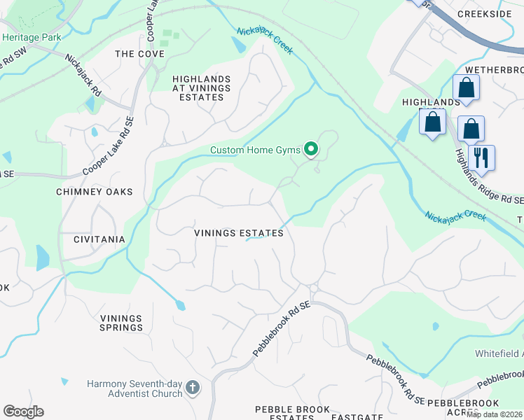 map of restaurants, bars, coffee shops, grocery stores, and more near 635 Vinings Estates Drive Southeast in Mableton