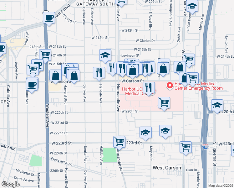 map of restaurants, bars, coffee shops, grocery stores, and more near 21805 Normandie Avenue in Torrance