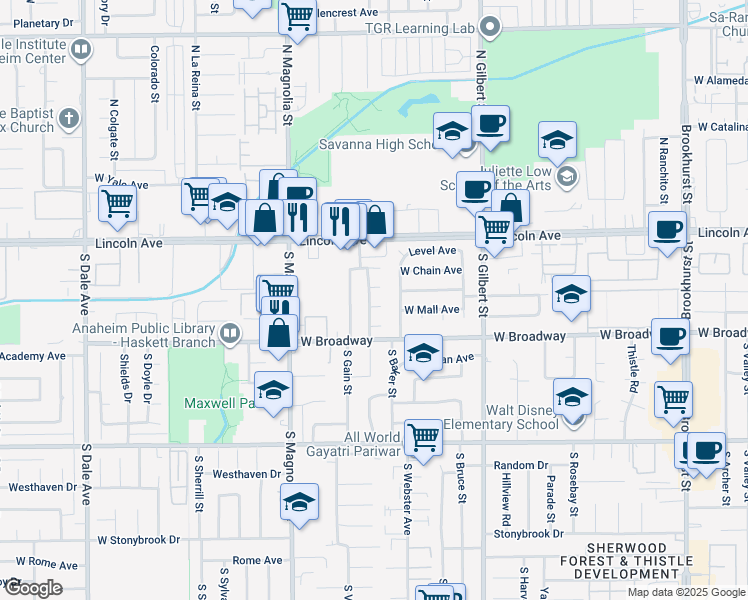 map of restaurants, bars, coffee shops, grocery stores, and more near 2513 West Mall Place in Anaheim