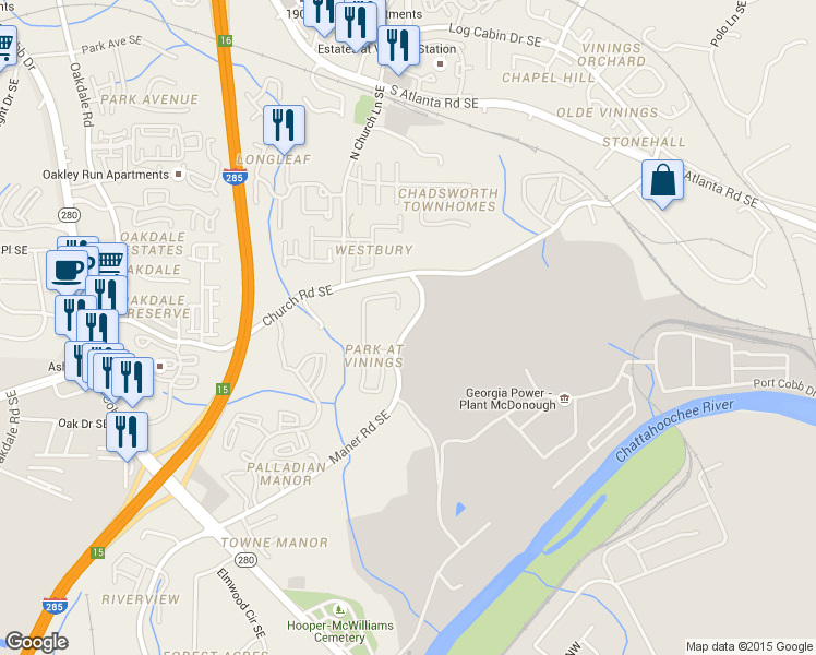map of restaurants, bars, coffee shops, grocery stores, and more near 5131 Maner Road Southeast in Smyrna