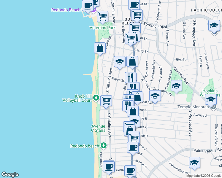 map of restaurants, bars, coffee shops, grocery stores, and more near 718 South Catalina Avenue in Redondo Beach