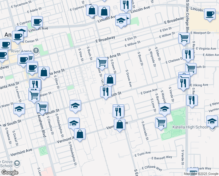 map of restaurants, bars, coffee shops, grocery stores, and more near 685 South Kinney Way in Anaheim