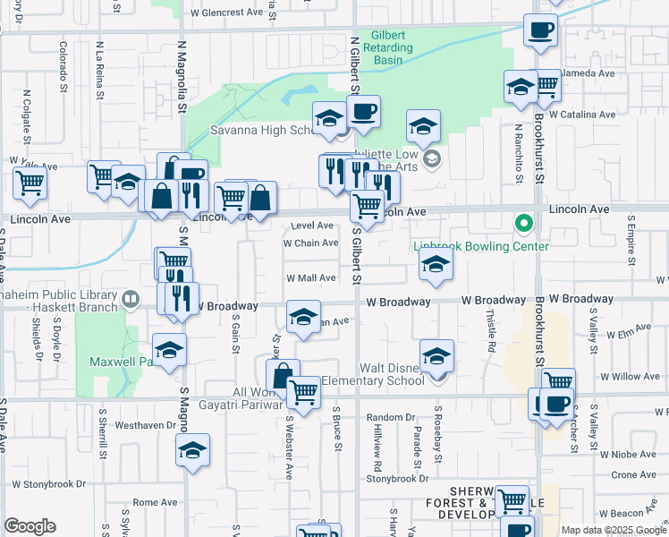 map of restaurants, bars, coffee shops, grocery stores, and more near 207 South Topo Street in Anaheim