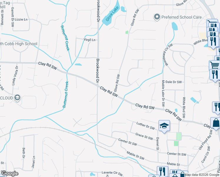 map of restaurants, bars, coffee shops, grocery stores, and more near 1305 Clay Road Southwest in Mableton