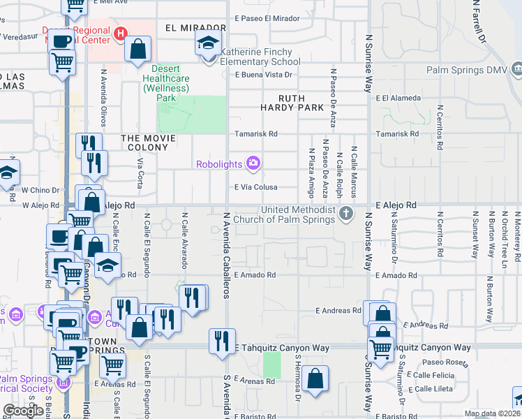 map of restaurants, bars, coffee shops, grocery stores, and more near 484 Chelsea Drive in Palm Springs