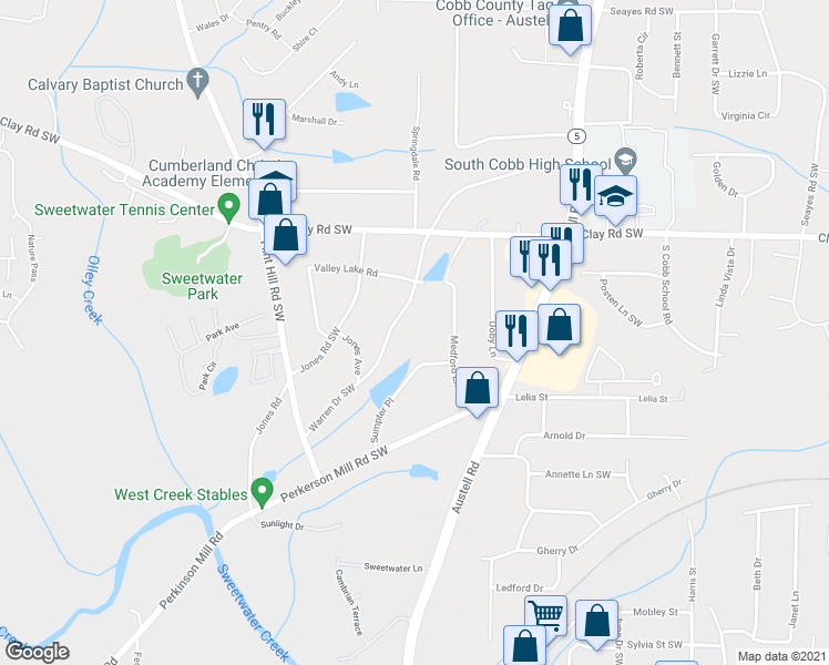 map of restaurants, bars, coffee shops, grocery stores, and more near 2215 Warren Drive Southwest in Austell