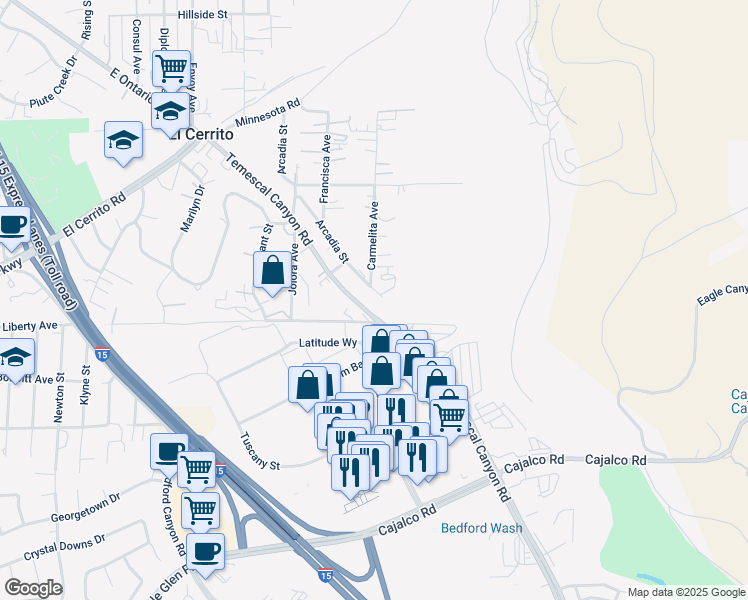 map of restaurants, bars, coffee shops, grocery stores, and more near 19980 Temescal Canyon Road in Corona