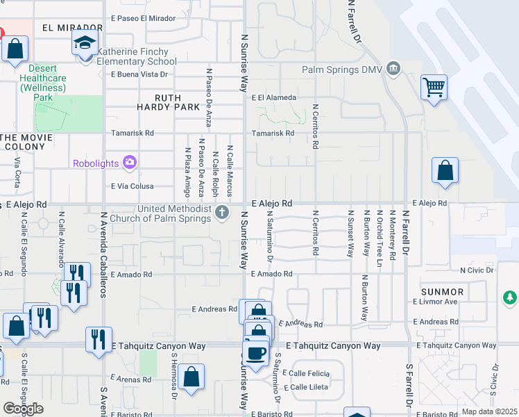 map of restaurants, bars, coffee shops, grocery stores, and more near 400 North Sunrise Way in Palm Springs
