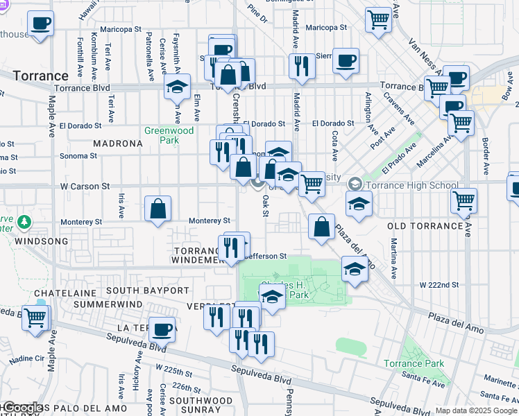map of restaurants, bars, coffee shops, grocery stores, and more near 1769 Oak Street in Torrance