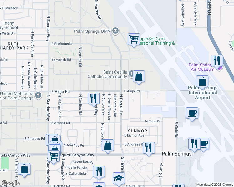 map of restaurants, bars, coffee shops, grocery stores, and more near 465 North Farrell Drive in Palm Springs