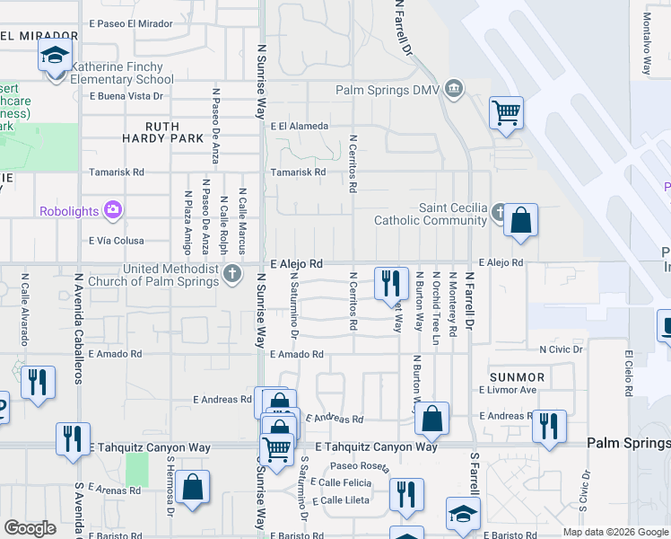 map of restaurants, bars, coffee shops, grocery stores, and more near 2015 East Belding Drive in Palm Springs