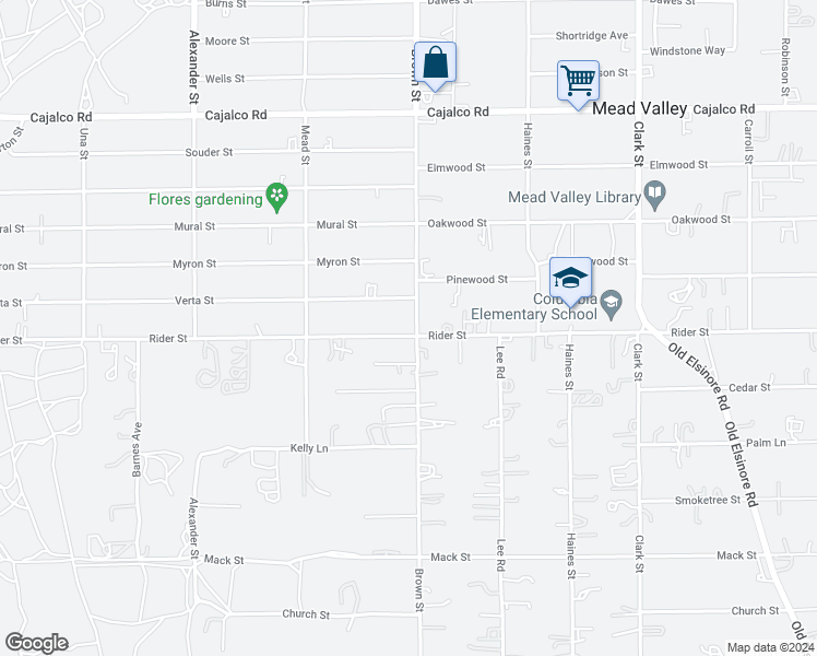 map of restaurants, bars, coffee shops, grocery stores, and more near 20909 Rider Street in Perris