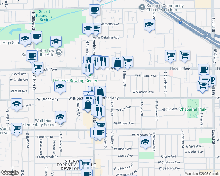 map of restaurants, bars, coffee shops, grocery stores, and more near 248 South Archer Street in Anaheim