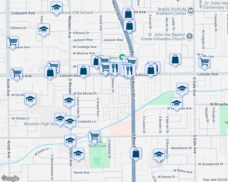 map of restaurants, bars, coffee shops, grocery stores, and more near 206 Delano Street in Anaheim