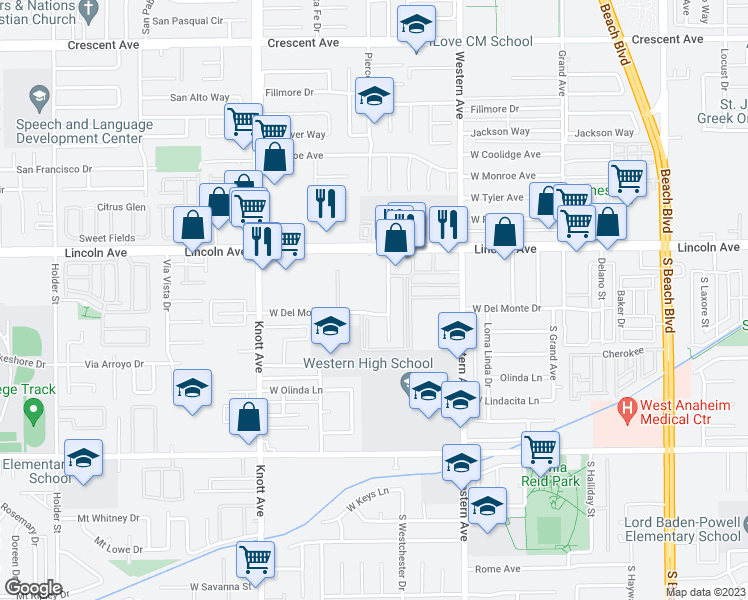 map of restaurants, bars, coffee shops, grocery stores, and more near 3332 West Del Monte Drive in Anaheim