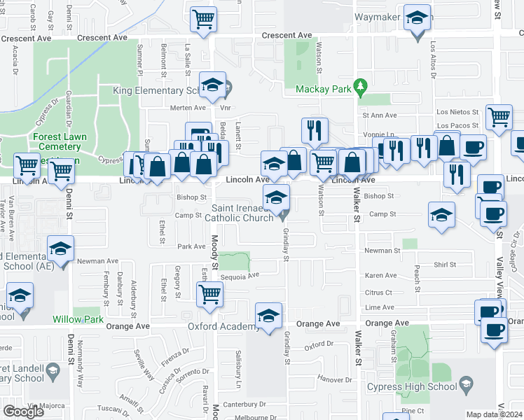 map of restaurants, bars, coffee shops, grocery stores, and more near 9201 Grindlay Street in Cypress